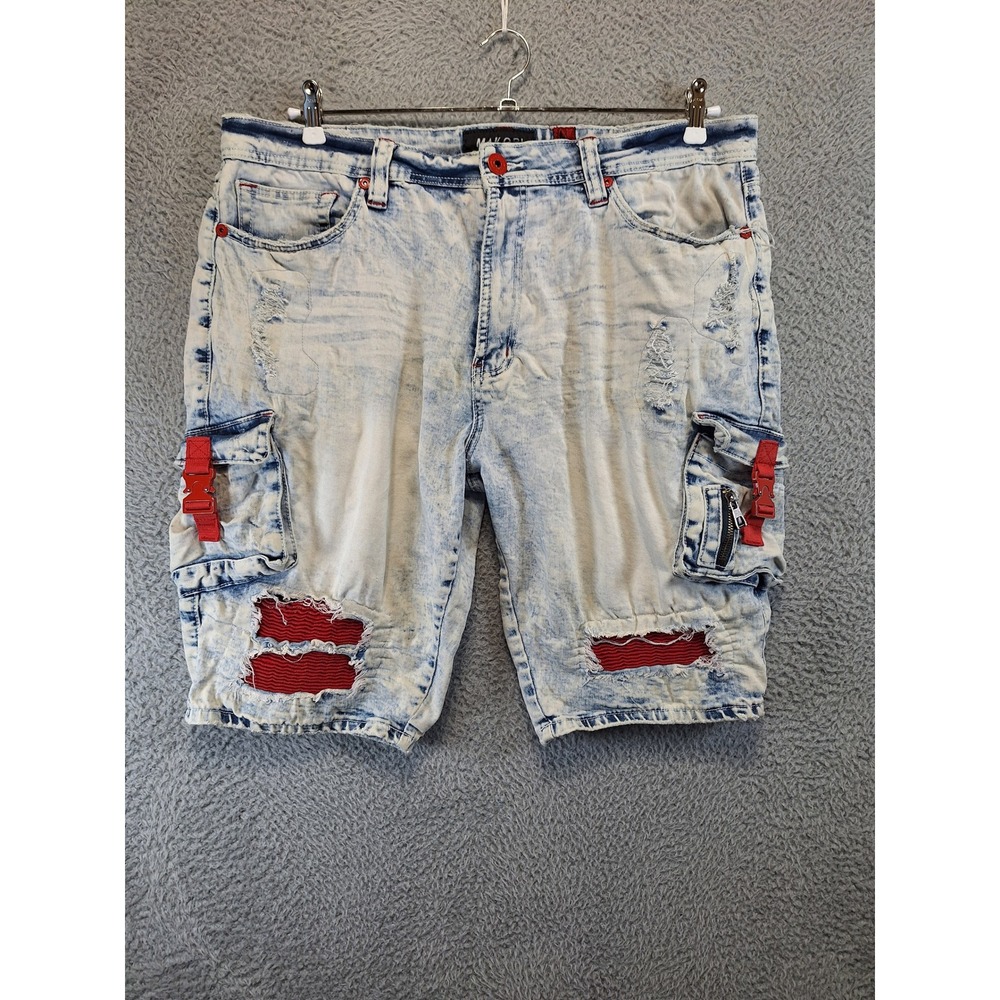 Makobi Denim Shorts Mens 36 (Fits W39) Distressed Red Buckle Cargo‎ Streetwear